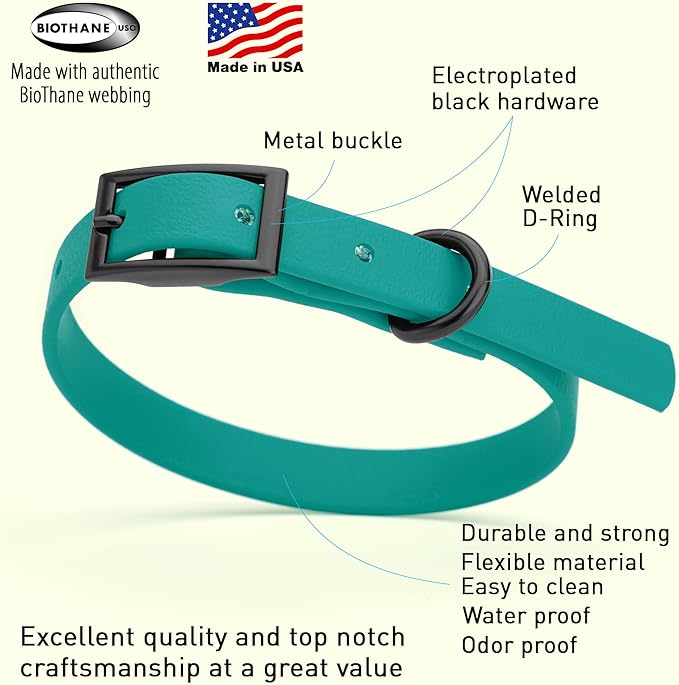 Dogline Biothane Coated Webbing Dog Collar with Black Metal Hardware: Durable Easy-Clean Everyday Collar for Dogs - Comfortable Adjustable Odor-Resistant Pet Collar, W1/2" x L9-12, Blue Aqua