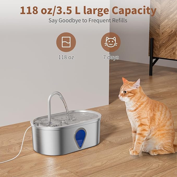 Cat Water Fountain Stainless Steel, 3.5l/118oz Cat Fountains with Water Level Window Water Fountains for Cats Indoor, Automatic Cat Water Dispenser Indoor（118oz）