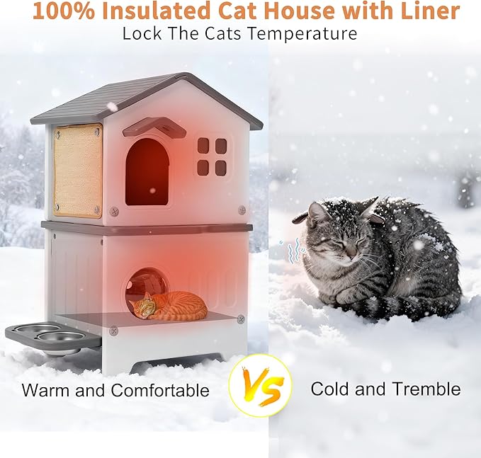 Rockever Outdoor Cat House with Insulated Liner, 100% Insulated Cat Houses for Winter Outside, 2 Story Waterproof Cat House For Outdoor Cats, Sturdy Stainless Steel Bowl & Scratching Post,Clean Easily