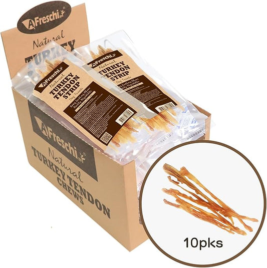 AFreschi Turkey Tendons for Dogs, USA-Sourced, Healthy Dog Treats, Rawhide-Free Puppy Chews, Long Lasting, All Natural, Hypoallergenic Dog Treats for Small Breeds, 10 Pack Box Strips