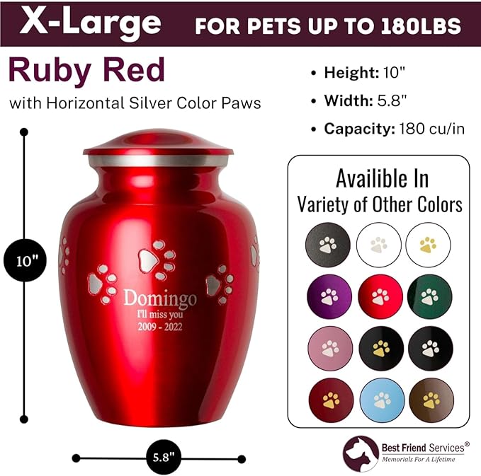 Pet Urn for Dogs and Cats with Personalized Laser Engraving, Ottillie Paws Premier Series Memorial Urns (X-Large Ruby Red with Horizontal Pewter Paws)