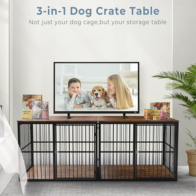 Lyromix 86.62''Dog Crate Furniture Large Breed TV Stand with Double Rooms,Wooden Dog Kennel Dog Crate End Table with Removable Divider for Large Medium Dogs, Can Use Separately, Brown