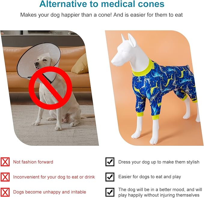 LovinPet Large Dog Pj - Pet Anxiety Calming Shirt, Dog Jammies for After Surgery, Lightweight Fabric, Blue Dragon Print, Pitbull Clothes, Long-Sleeved 4 Leg Style Pullover Dog Onesie, Dark Blue 2XL