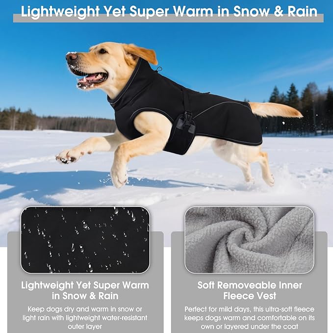 QBLEEV 2 in 1 Dog Coat, Waterproof Dog Winter Jacket with Detachable Fleece Vest, Windproof Warm Snow Jakcet with Harness Hole, Reflective Cold Weather Coats for Small Medium Large Dogs