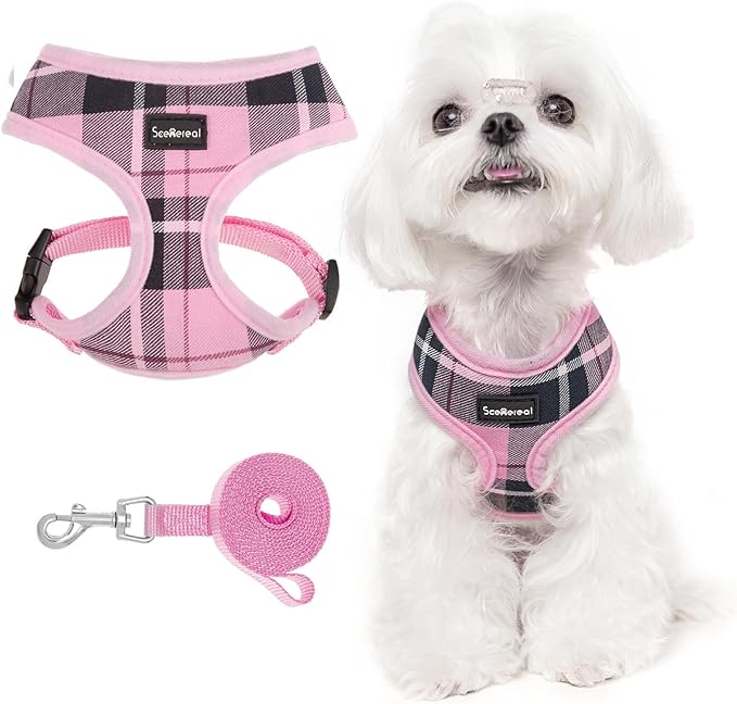 SCENEREAL Puppy Dog Harness with Leash Set for Small Medium Sized Dogs, Soft Mesh Step in Pet Harnesses and Leash, No Chock Plaid Adjustable No Pull Vest for Dogs Cats, Chihuahua,Bulldog (Pink S)