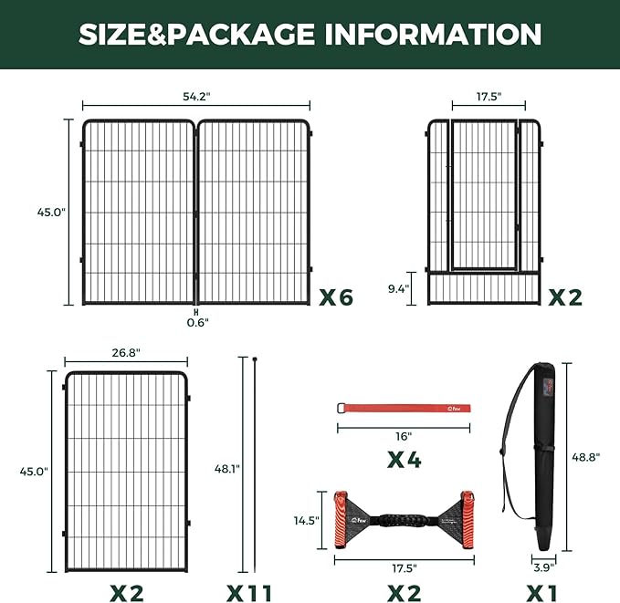 FXW Instant Unleashed Dog Playpen, Portable Pet Fence for Outdoor, RV Trips, and Camping, 45 inch, 16 Panels for Large Dogs with Easy-Carry Straps (2 Pack) and Stake Bag│Patented