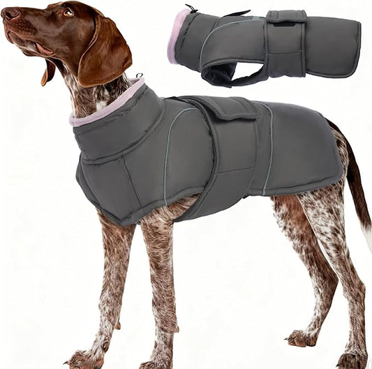 Waterproof Warm Dog Coat Winter for Extra Large Dogs | Windproof Cold Weather Jacket with Reflective Strips Thick Fleece Vest, Collar with Drawstring, for Great Dane, Labrador, Grey, 3XL