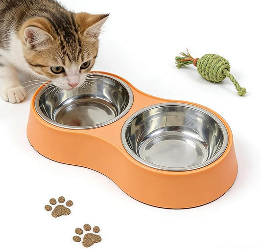 Small Orange Double Pet Bowl – Non-Slip Stainless Steel Food & Water Set for Cats, Kittens & Small Dogs, BPA-Free Mess-Free Feeding Dishes