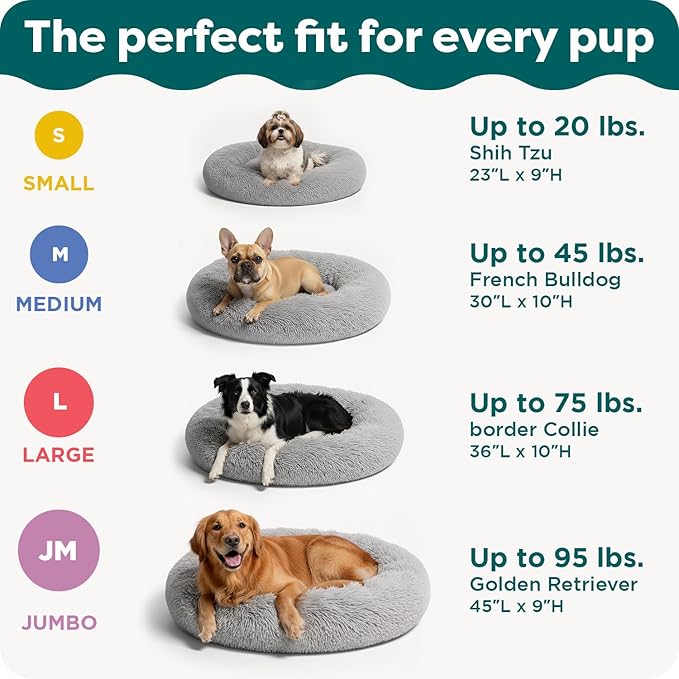FurHaven 45" Calming Donut Dog Bed for Large Dogs, Round Plush Donut Design with Soft Filling for Snuggling Comfort, Removable Washable Cover, Jumbo/XL, Shaggy Faux Fur, Gray