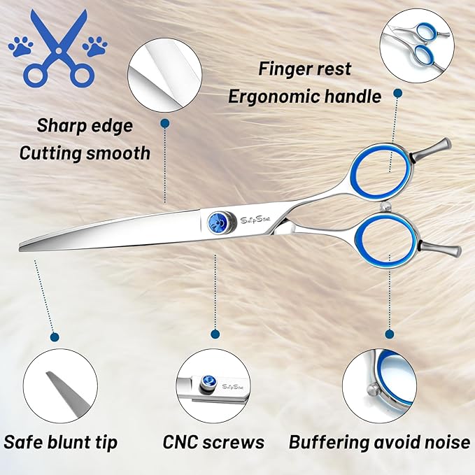 8inch Curved Dog Grooming Scissors Professional, Japanese VG10 Steel Sharp Pet Trimming Shears, with CNC Screw & Ergonomic Handle, 30 Degree Bend Cat Dog Scissors for Grooming Face and Paws Groomers