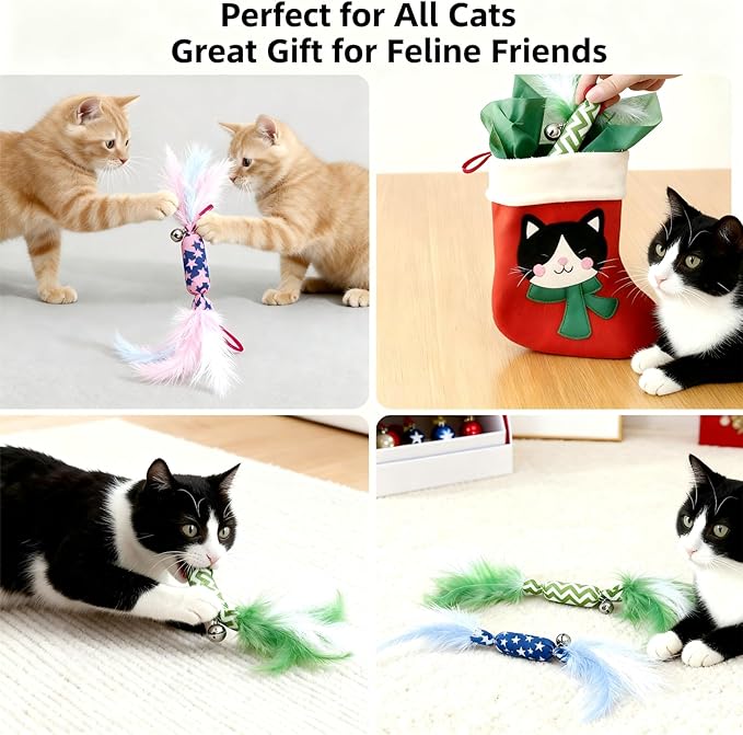 CealumVita Catnip Toy Candy Shape with Bright Colors Feathers & Bell, Kicker Chew Toy for Indoor Cats, Enrichment Toys for Bored Kittens & Adult Cats, 3-Pack Crinkle Plush Toys for Teething and Play