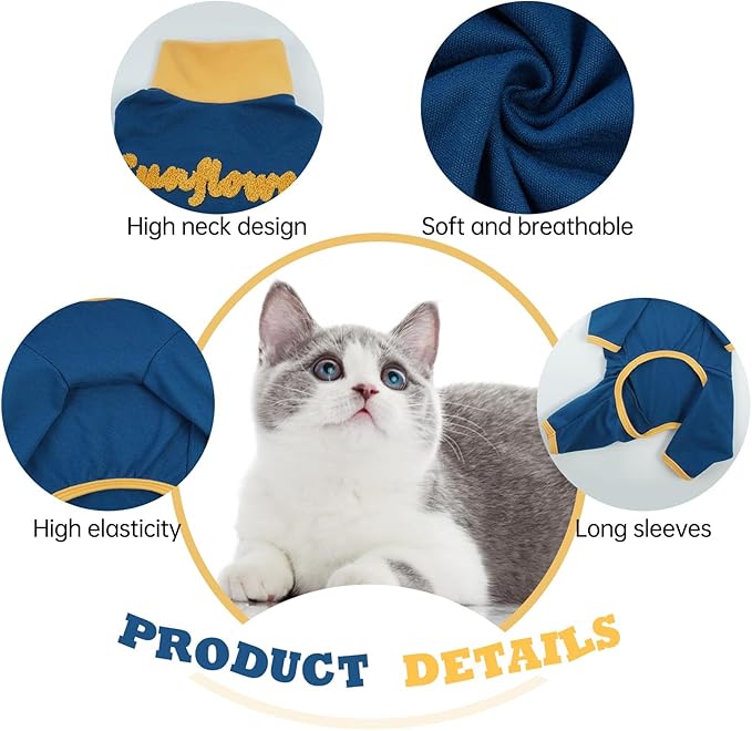 T'CHAQUE Sticky Hair Cat Onesie Pajamas, Soft Long Sleeve Cat Clothes, Anti-Shedding, Surgery Recovery Suit, Wound Protection & Preventing Licking, Kitten Sweaters for Male & Female-XS