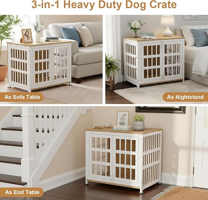 26" Dog Crate Furniture for Small Dogs, Heavy Duty Dog Cage for Small & Medium Dogs with Wheels, Indoor Puppy Crate, 26.6"L x 20.9"W x 23.8"H, Decorate House as TV Stand, End Table — Natural and White