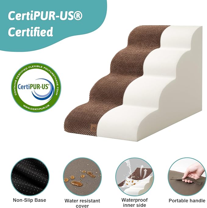 Dog Stairs for Small Dogs 19.7" H, Curved Dog Step for Puppy, Older or Cat, Medium Pet Ramp for Sofa, Couch or Bed, Ladder with High Density Foam, 4 Step, 15.7x28.3x19.7 inch, Brown