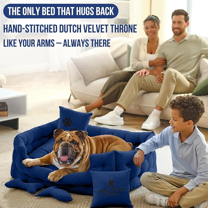 Luxury Dog Bed Chesterfield – Handcrafted Velvet Throne for Dogs | Joint Support, Calming & Temp-Regulating Comfort | Durable 5+ Years, Anti-Claw, Washable 100+ Times – L, Blue