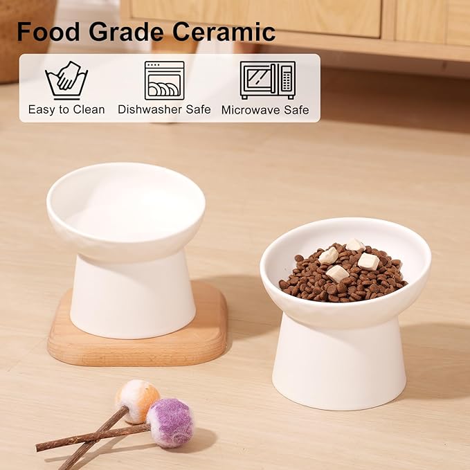 YauYik Ceramic Raised Cat Bowls, Elevated Tilted Cat Food and Water Bowls Set, Stress Free Pet Feeding Dish for Indoor Cats and Small Dogs, Anti Vomiting, White, 2 Pack