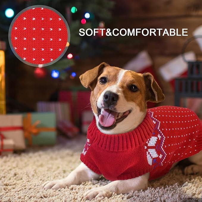 Kuoser Dog Christmas Sweater, Soft Warm Xmas Sweaters for Small Medium Large Dogs Boy Girl, Comfortable Dog Sweater with Leash Hole Snowflake Puppy Knit Outfit for Holiday Winter Fall, Red XL