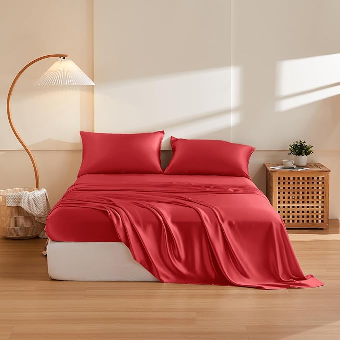 THXSILK Silk Sheet Set 5Pcs, 6A+ Top Grade 100% Pure Mulberry Silk Bed Sheets, Cooling Ultra Soft Durable Luxury Bedding Sets, 2 Fitted Sheet, 1 Flat Sheet and 2 Pillowcases (Split King, Red)