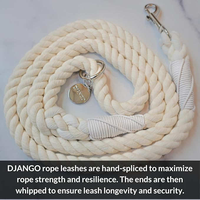 DJANGO Cotton Rope Dog Leash 5ft – Handcrafted Dog Leash and Cream Braided Leash for Small, Medium, and Large Dogs – Durable 5 Foot Training Lead for Puppies and Adult Dogs – Silver Hardware – Ivory