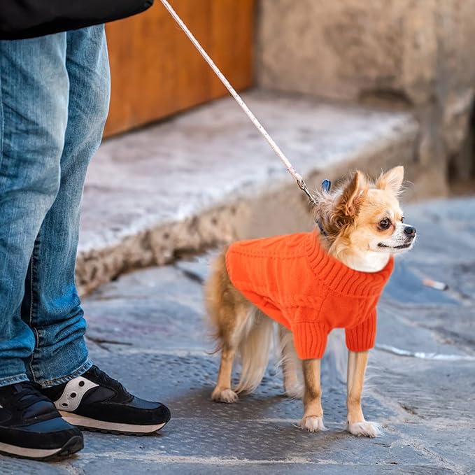 Queenmore Small Dog Pullover Sweater, Cold Weather Cable Knitwear, Classic Turtleneck Thick Warm Clothes for Chihuahua, Bulldog, Dachshund, Pug (Orange, X-Small)
