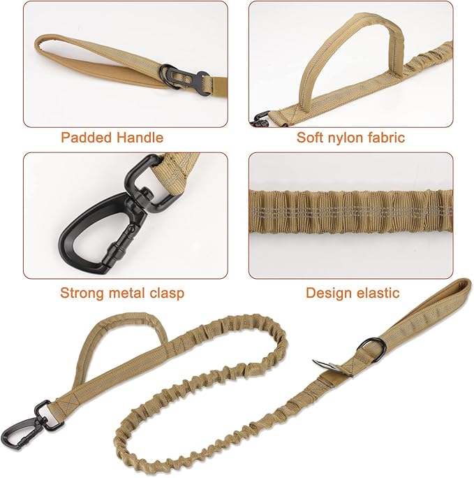 KCUCOP Heavy Duty Tactical Dog Collar and Leash Set, Military Training Nylon Reflective Collar with Handle Metal Buckle for Medium Large Dogs, Brown, L (1 Patch Included)