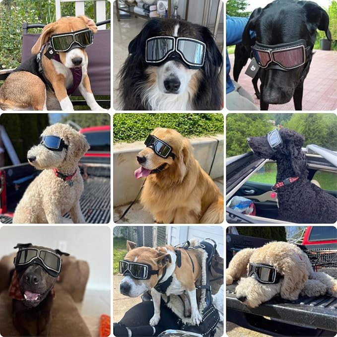 PETLESO Dog Goggles Medium Large Breed, UV400 Dog Sunglasses for Pet Outdoor Riding Driving Hiking, Windproof Snowproof Eyes Protection, Breathable Frame Adjustable Strap, Black
