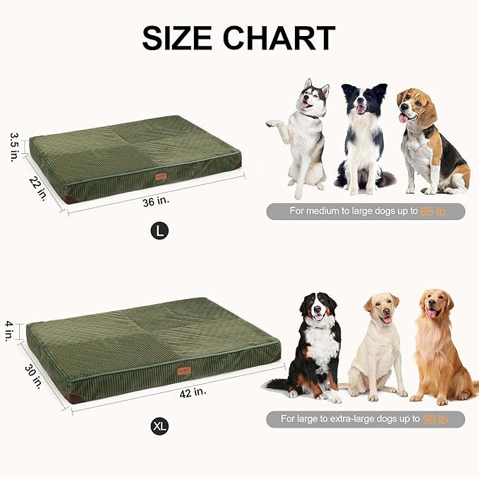 FUKUMARU Dog Bed, Plush Corduroy Orthopedic Dog Beds with Washable Cover, Large Waterproof Dogs Bed for Crate, Egg Crate Foam Support Pet Mat, Cozy Pet Bed Mat with Anti-Slip Bottom, Green