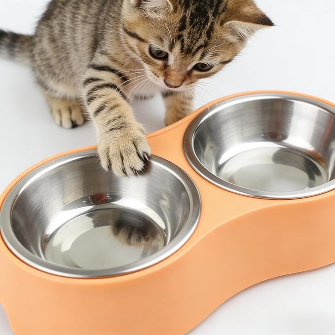 Large Orange Double Pet Bowl – Non-Slip Stainless Steel Food & Water Set for Medium/Large Dogs & Multiple Cats, BPA-Free Mess-Free Feeding Dishes