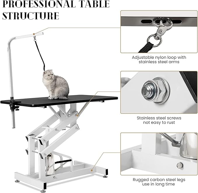 Hydraulic Dog Grooming Table for Small/Large Dogs, Heavy Duty Professional Pet Grooming Table with Adjustable Overhead Arm and Noose, Range 21-36 Inch, 43''/Black