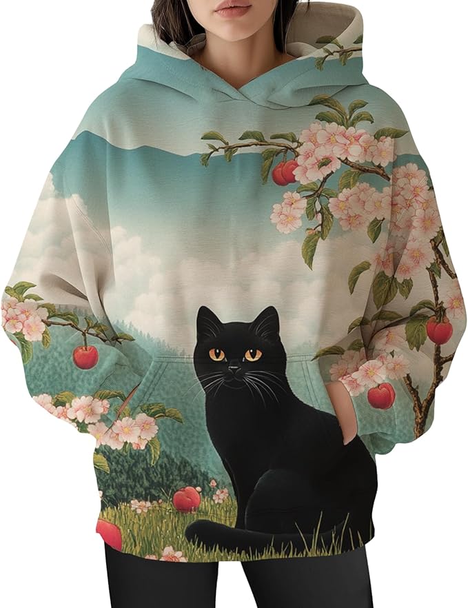 Womens Cat Print Hoodies Trendy Funny Cat Graphic Long Sleeve Sweatshirt Y2k Streetwear Hooded Pullover Tops