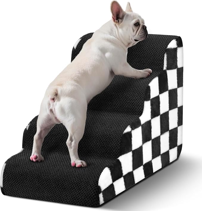 Dog Stairs for Bed, Dog Steps for Bed and Couch, Non-Slip Balanced Pet Ramp Indoor, Checkerboard Pattern. 20.5inches H, 4-Step