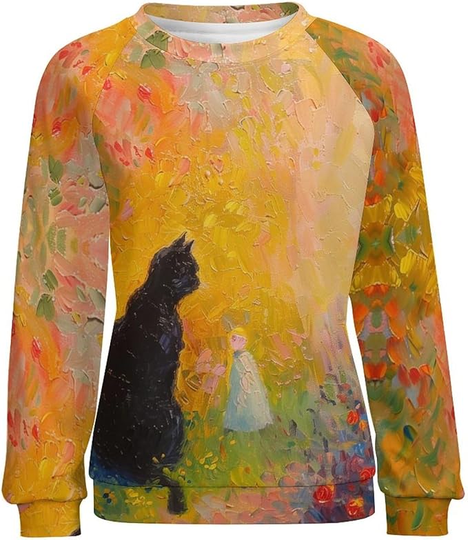 Womens novelty funny cat printed crewneck sweatshirt casual loose long sleeve graphic pullover sweatshirts tops