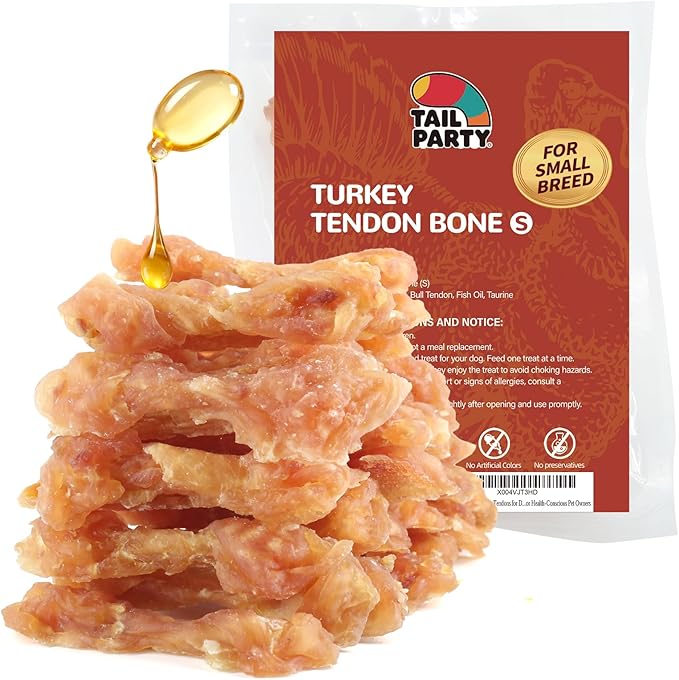 TailParty Turkey Tendons for Dogs with Fish Oil & Taurine: 1 lb Small Dog Healthy Treats, All Natural Dental Chew Bones, Long-Lasting Training-Reward Snacks for Health-Conscious Pet Owners(S)