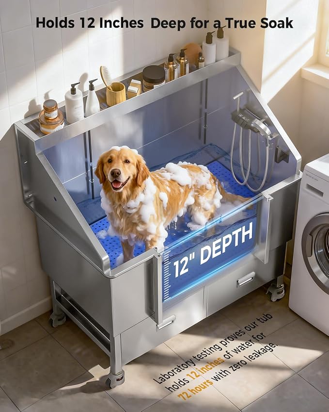 50'' Dog Bathing Station - 304 Stainless Steel, Leak-Proof Deep Soak, Dog Bathing Station, 27.4" Wide Ramp, Swivel Wheels, Dog Grooming Tub, Piano-Key Faucet, 2 Drawers for Medium & Small Pets