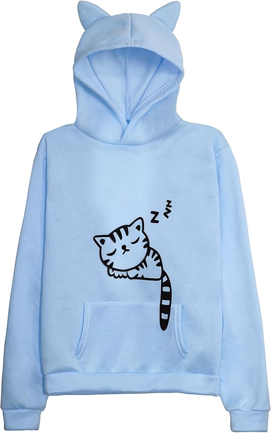 Women Teen Girls Hoodie Sweatshirt With Cute Cat Ear and Sleeping Cat Printed Pullover