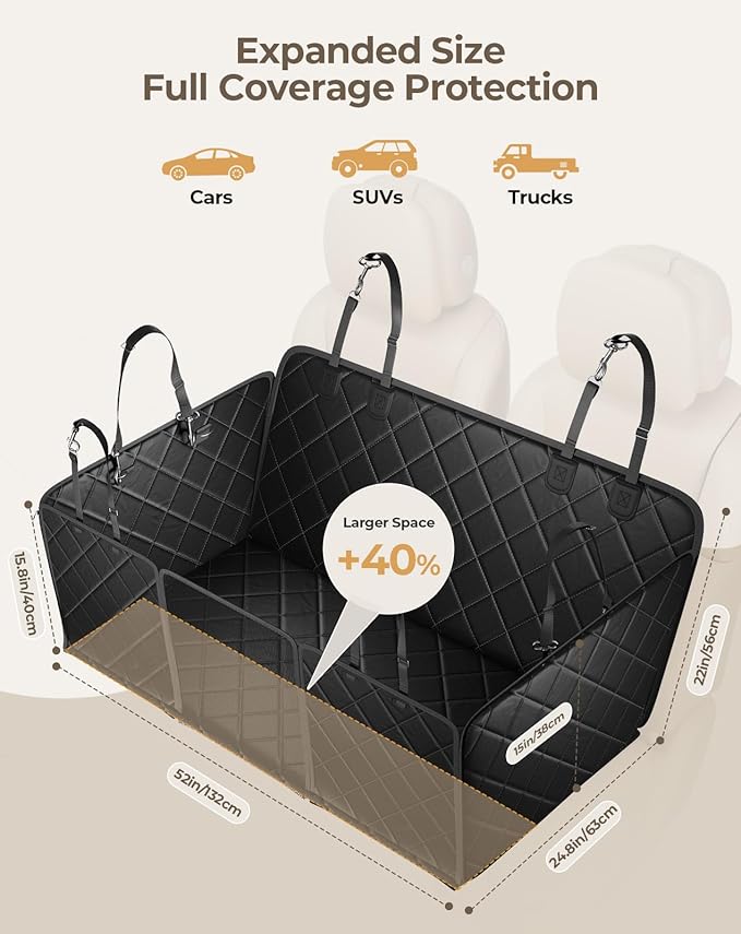 Dog Car Seat Cover for Back Seat Hard Bottom, 600D Waterproof Back Seat Extender, Durable Anti-scratch Nonslip Pet Dog Hammock for Car SUV Truck Travel