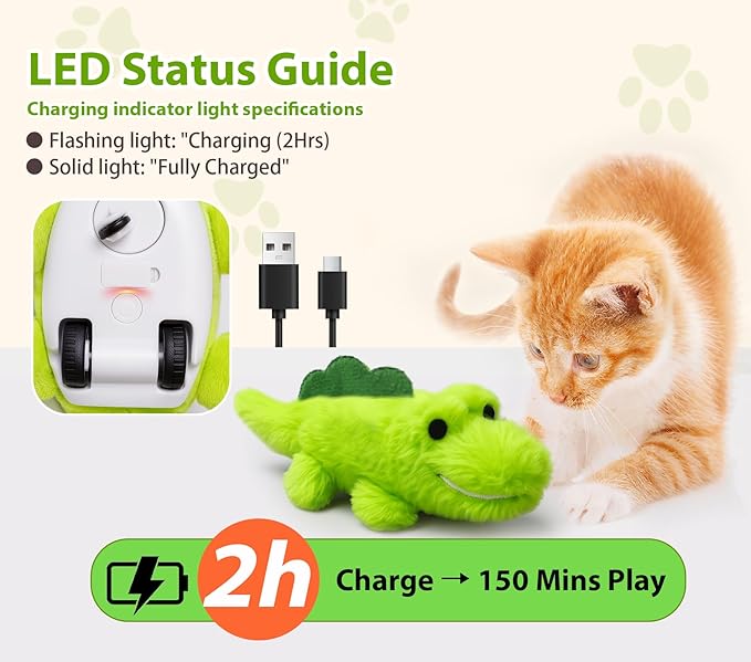 ZeLing HTL Interactive Cat Toys for Indoor Cats - Self-Charging Croc Chase Toy with 360° Motion, Wagging Tail & Catnip, Automatic Exercise Toy for Bored Kittens/Adults(Plush Fur)