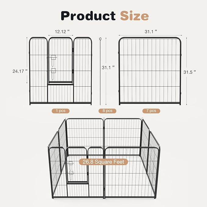 Smug Dog Playpen 8 Panels 32 inch Dog Pen Indoor Heavy Duty Puppy Exercise Pen Metal Pet Fence for RV Camping Yard Garden