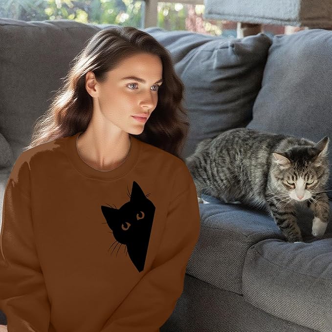 Cat Sweatshirts for Women Graphic Print Sweatshirt Funny Long Sleeve Shirt Cute Pullover Lightweight Hoodie Tops