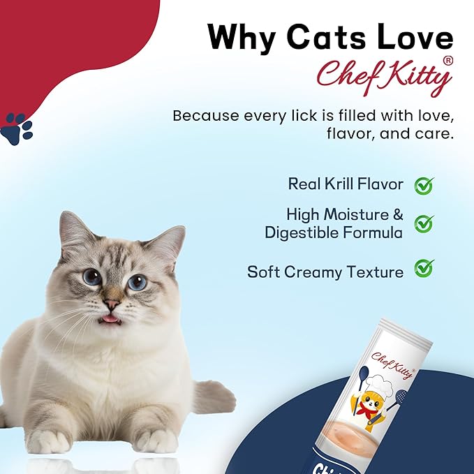 Chef Kitty Purée Pops, Cat Treats, Grain-Free, Lickable, Squeezable Creamy Cat Treat/Topper with Vitamin E & Taurine, 0.5 Ounces Each Tube, 10 Tubes, Chicken with Krill Recipe