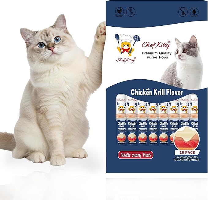 Chef Kitty Purée Pops, Cat Treats, Grain-Free, Lickable, Squeezable Creamy Cat Treat/Topper with Vitamin E & Taurine, 0.5 Ounces Each Tube, 10 Tubes, Chicken with Krill Recipe