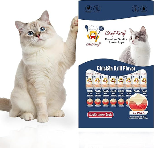 Chef Kitty Purée Pops, Cat Treats, Grain-Free, Lickable, Squeezable Creamy Cat Treat/Topper with Vitamin E & Taurine, 0.5 Ounces Each Tube, 10 Tubes, Chicken with Krill Recipe
