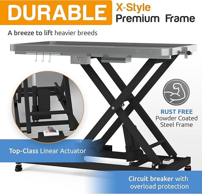 KANIS - 49" Professional Electric Dog Grooming Table, Black + 50" Professional Stainless Steel Dog Bathing Station, Right RAMP