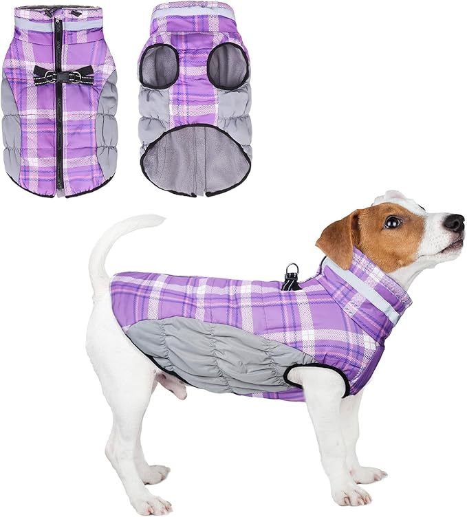 BEAUTYZOO Dog Winter Coat with Harness Built in, Reflective Plaid Puffer Vest Waterproof for Small Dogs, Fleece Warm Puppy Zipped Jacket with D Ring, Pet Cold Weather Sweater Clothes, Purple S