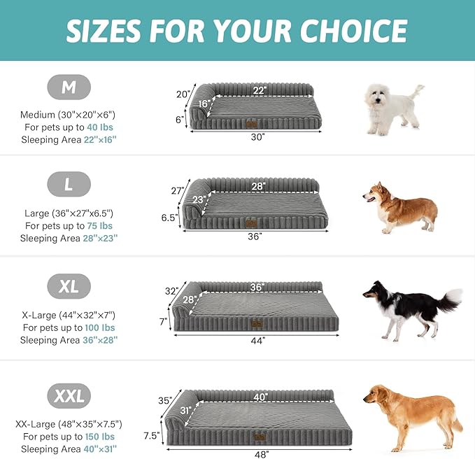 Cute Dog Bed, Faux Fur Orthopedic Foam Dog Bed with Sides, Removable Washable Cover & Waterproof Lining, Comfortable Pet Couch for Extra Large Dogs, Grey (48" L x 35" W x 7.5" Th)