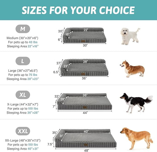 Cute Dog Bed, Faux Fur Orthopedic Foam Dog Bed with Sides, Removable Washable Cover & Waterproof Lining, Comfortable Pet Couch for Extra Large Dogs, Grey (48" L x 35" W x 7.5" Th)