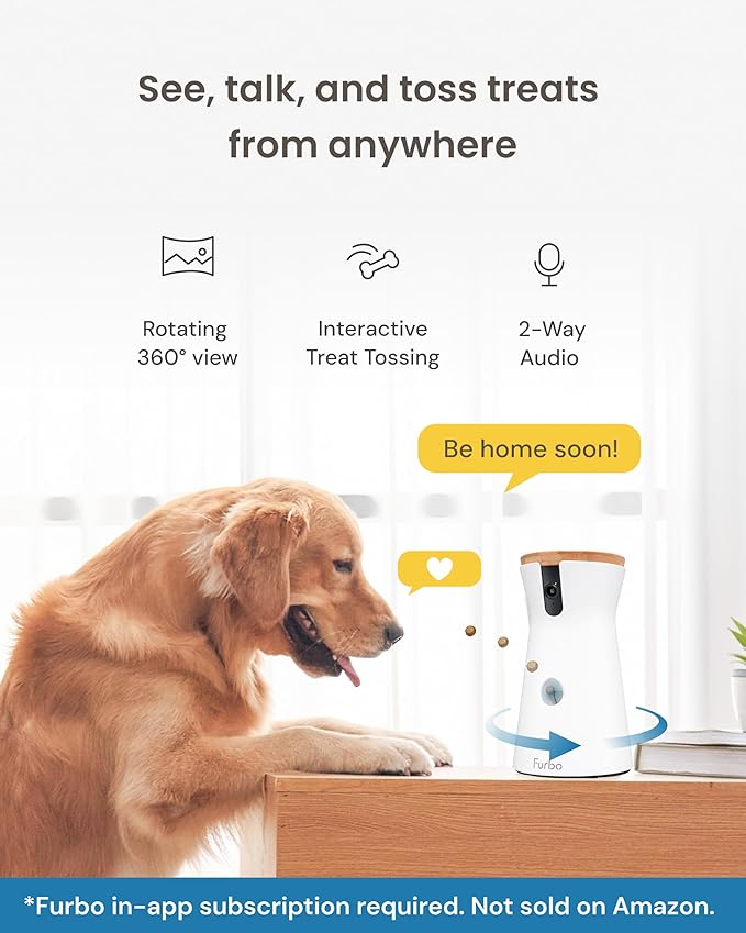 Furbo 360° Dog Camera - Unlock with Paid Plan: Home Security & Dog Safety Alerts, Rotating Pet Treat Dispenser w/ 2-Way Speaker, Smart Indoor Cam w/Phone App (3mo Minimum Subscription Required)