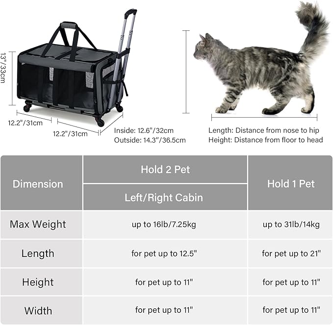 MILADA Large Cat Carrier for 2 Cats, Soft Big Pet Carrier with Wheels, Double Cat Carrier on Wheels, Rolling Pet Carrier for Travel Hiking Shopping and Camping（Not for Air Travel）, Grey