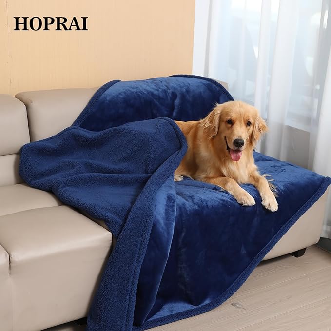 Waterproof Pet Blanket for Medium Large Dogs Washable Fluffy Thick Jacquard Shag Fleece Warm Sherpa Pet Blanket Cats Puppy Couch Protection (Navy Blue XL57*85inches)