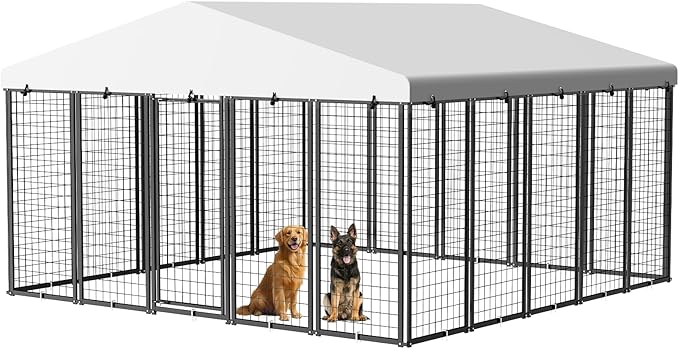 Dog Kennel Outdoor, 10x10 FT Heavy Duty Dog Pens Outside with Waterproof Roof, Metal Dog Run Fence with Galvanized Welded Wire Steel for Puppy Playpen
